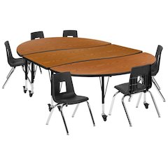 86" Oval Wave Flexible Laminate Activity Table Set with 14" Student Stack Chairs, Oak/Black