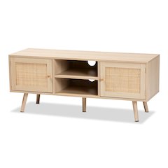 Mid-Century Modern Light Brown Finished Wood 2-Door TV Stand with Natural Rattan