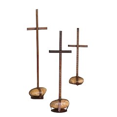 Set Of Three Scrap Metal Crosses With Caged Rock Bases