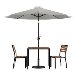 5 Piece All-Weather Deck or Patio Set with 2 Stacking Faux Teak Chairs, 35" Square Faux Teak Table, Gray Umbrella & Base