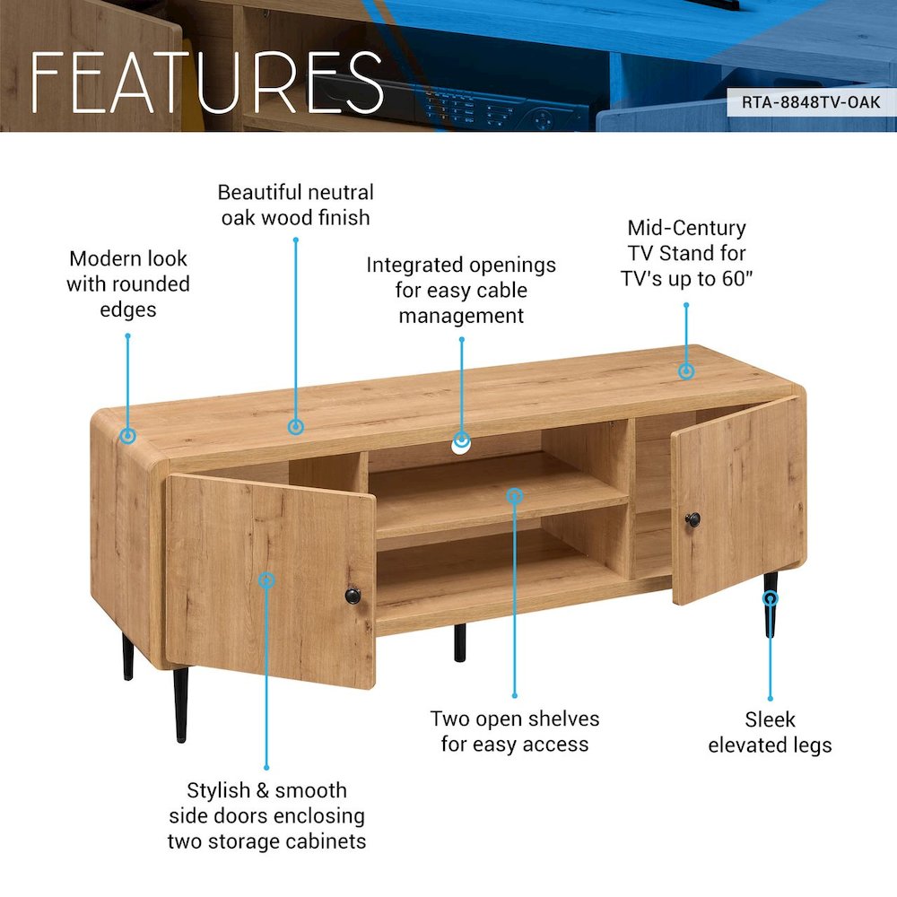 Techni Mobili Mid-Century Modern TV Stand for TV’s Up to 60”, Oak. Picture 9
