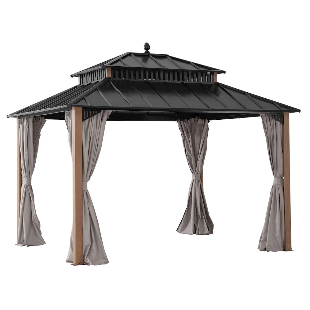 12 ft x 10 ft Hardtop Gazebo with Steel Roof, Woodgrain Aluminum Frame. Picture 1