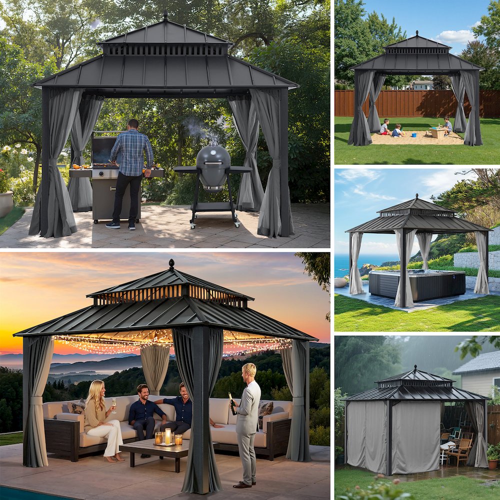 12 ft x 12 ft Aluminum Frame Steel Double Roof Hardtop Rectangular Gazebo. Picture 3