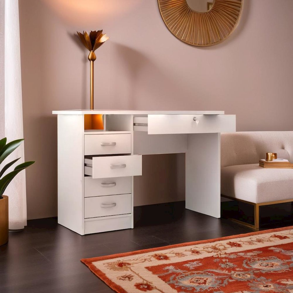 Elegant White Computer Desk Featuring Five Drawers and Open Shelf Design. Picture 6