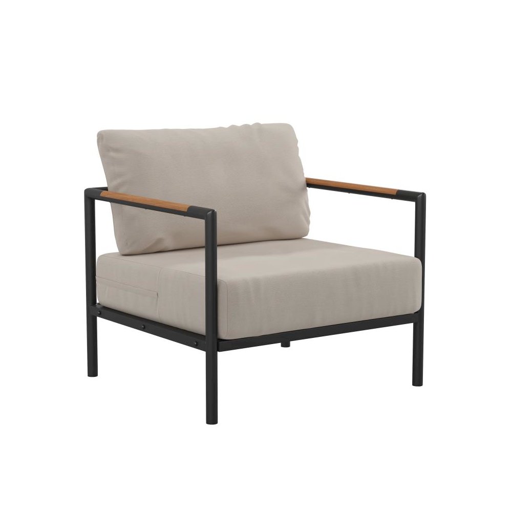 Indoor/Outdoor Patio Chair with Cushions - Modern Aluminum Framed Chair with Teak Accented Arms, Black with Beige Cushions. Picture 1