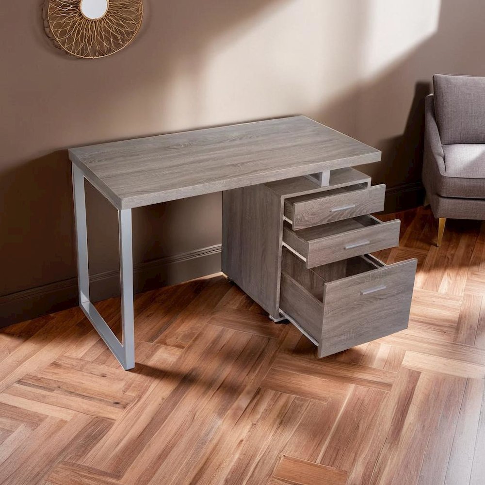 Weathered Grey 3-Drawer Office Desk with Functional Storage Solutions. Picture 6