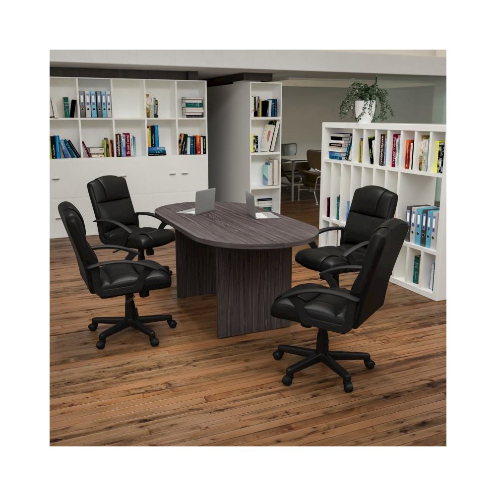 5 Piece Rustic Gray Oval Conference Table Set with 4 Black LeatherSoft-Padded Task Chairs. Picture 2
