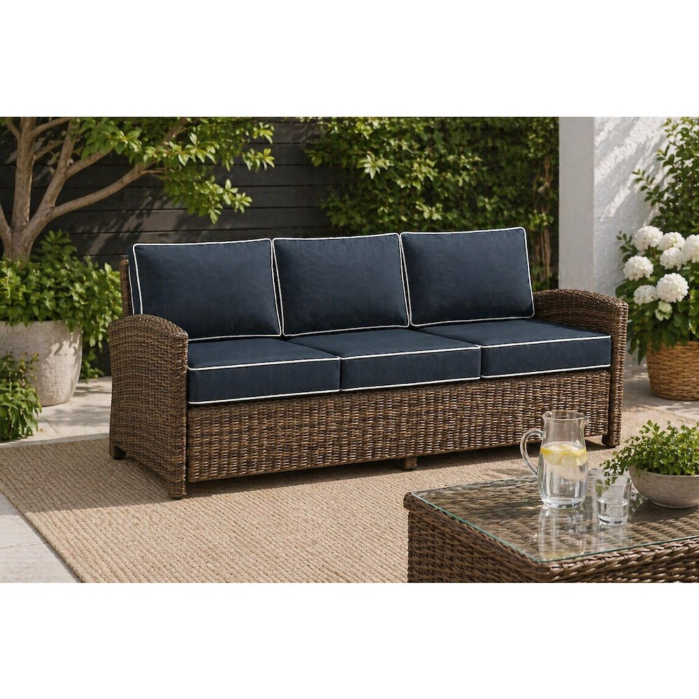 Navy and Weathered Brown Wicker Outdoor Sofa Set with Cushioned Seating. Picture 5
