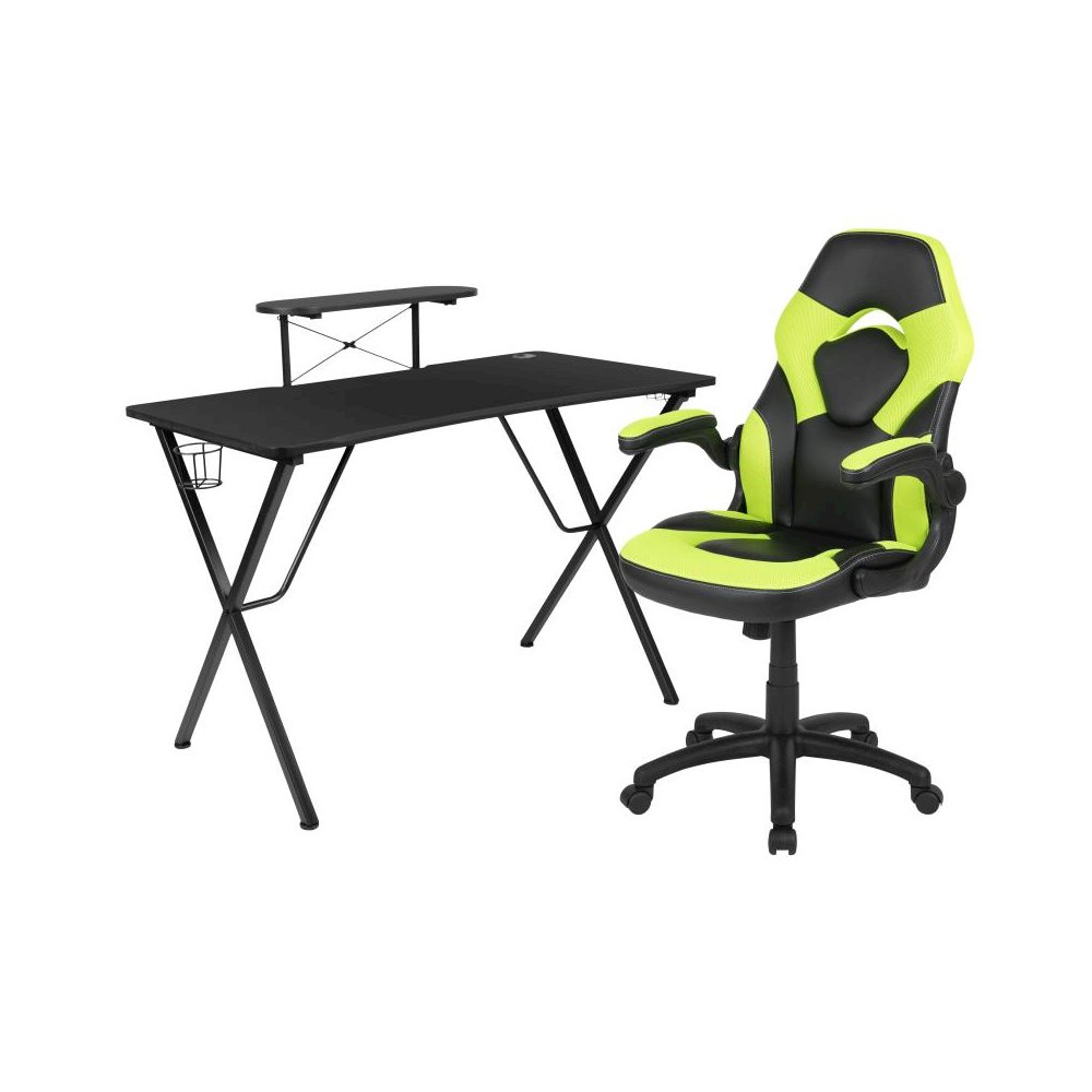 Black Gaming Desk and Green/Black Racing Chair Set with Cup Holder, Headphone Hook, and Monitor/Smartphone Stand. Picture 1