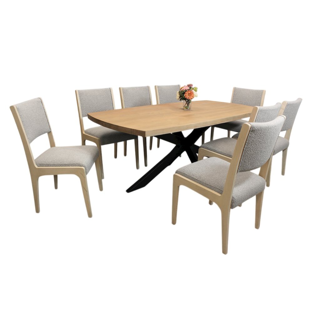Logan 82" Dining Table, with 8 Ash Gray Boucle Dining Chairs. Picture 1