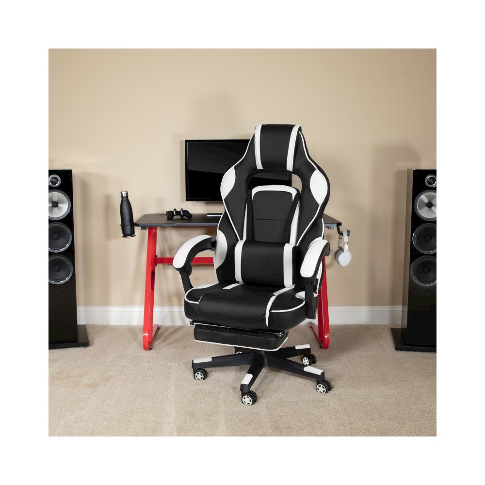 Red Gaming Desk with Cup Holder/Headphone Hook & White Reclining Back/Arms Gaming Chair with Footrest. Picture 2
