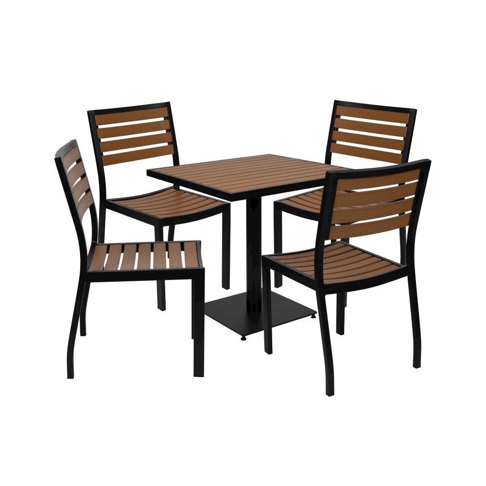 Outdoor Patio Bistro Dining Table Set with 4 Chairs and Faux Teak Poly Slats. Picture 1