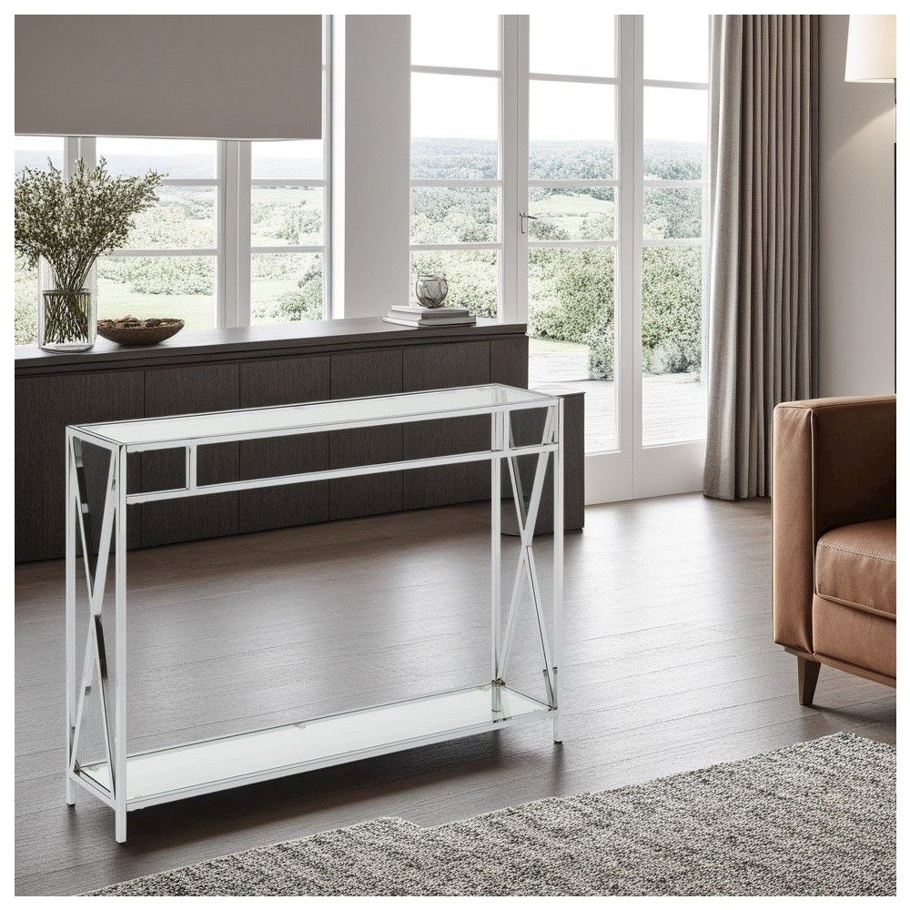 Clear Glass Console Table with Chrome Metal Tube Frame. Picture 5