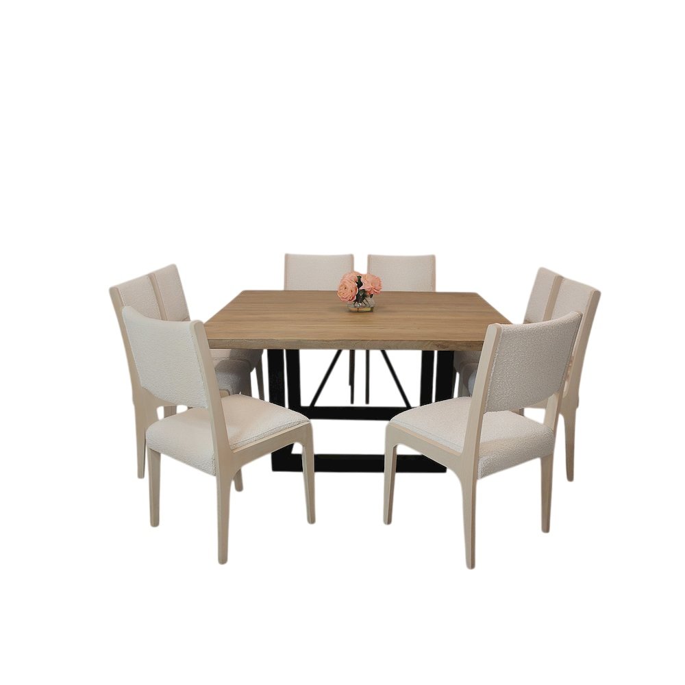 Logan 9-Piece Dining Set with 8 Ash Dining Chairs in Ivory Boucle Linen Fabric. Picture 1