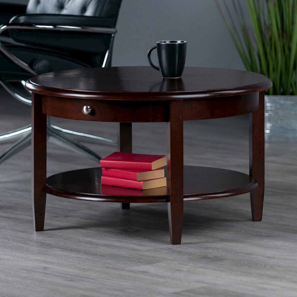 Concord Round Coffee Table with Drawer and Shelf. Picture 2
