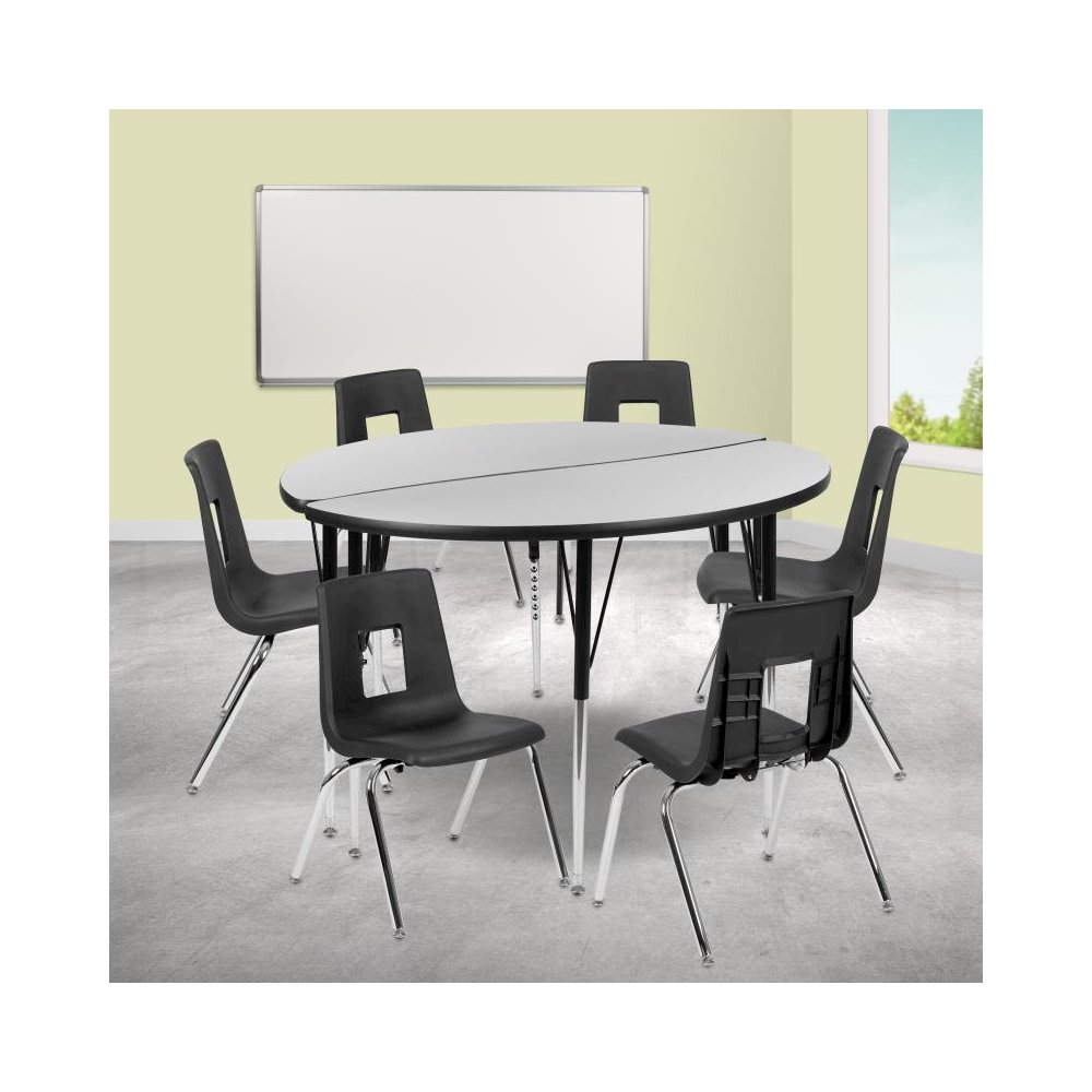 47.5" Circle Wave Flexible Laminate Activity Table Set with 18" Student Stack Chairs, Grey/Black. Picture 2