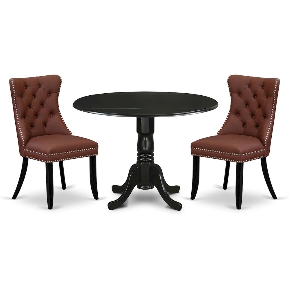 East West Furniture Dublin 3 Piece Dining Room Furniture Set Includes a Round Kitchen Table with Dropleaf and 2 Upholstered Chairs, 42x42 Inch, Black. Picture 1