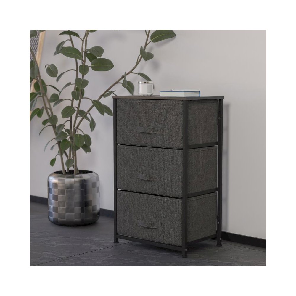 3 Drawer Wood Top Black Cast Iron Frame Vertical Storage Dresser with Dark Gray Easy Pull Fabric Drawers. Picture 2