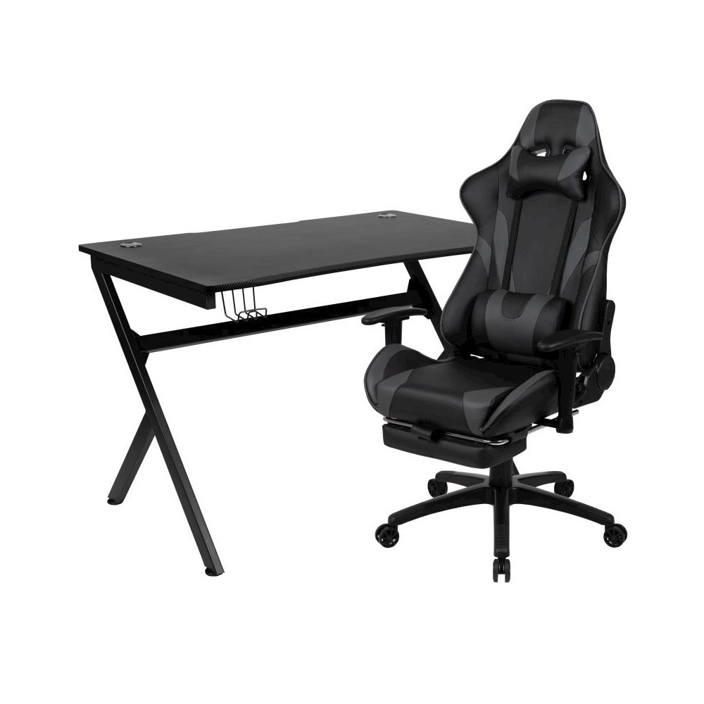 Black Gaming Desk and Gray Footrest Reclining Gaming Chair Set with Cup Holder, Headphone Hook & 2 Wire Management Holes. Picture 1