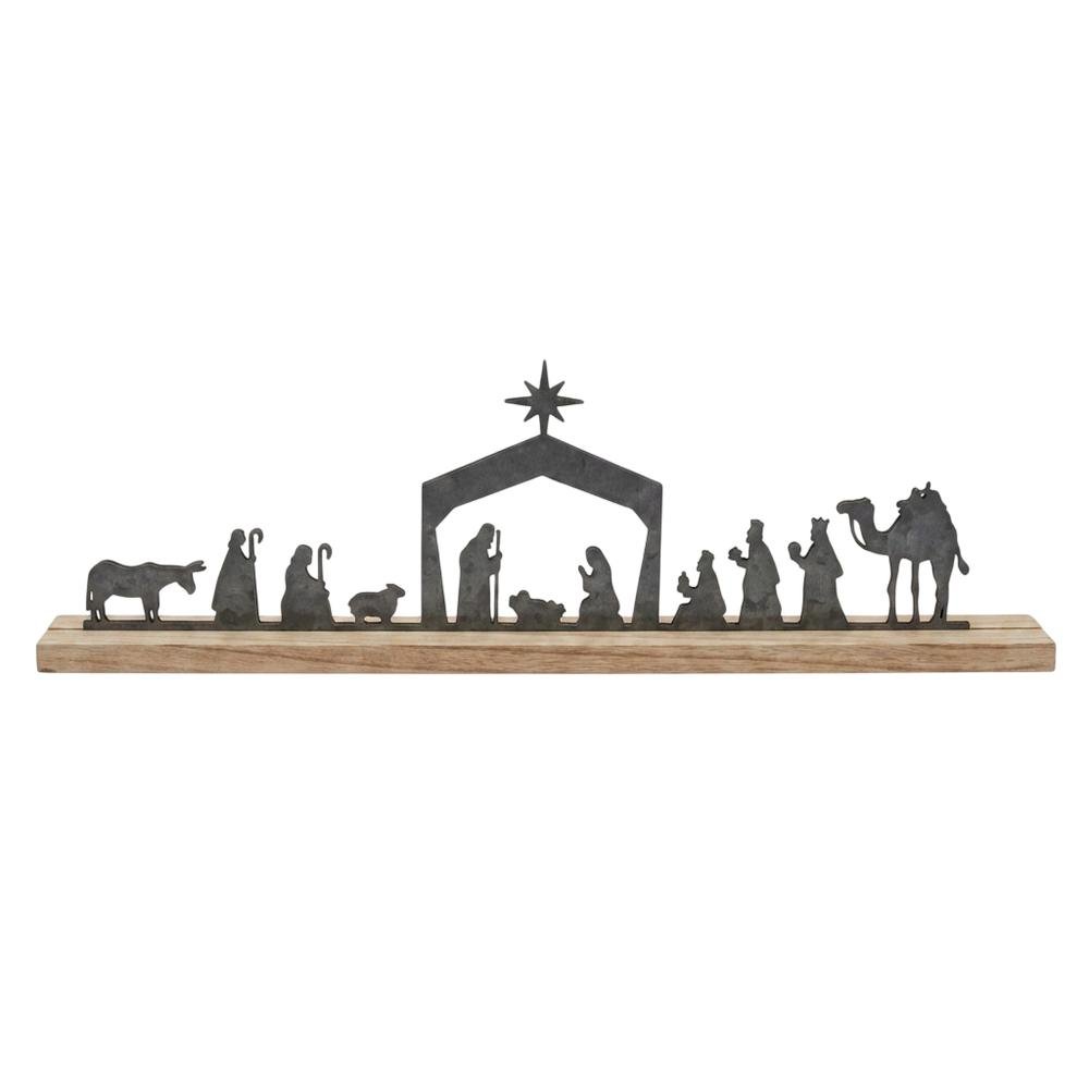 Metal Nativity On A Wooden Stand. Picture 1