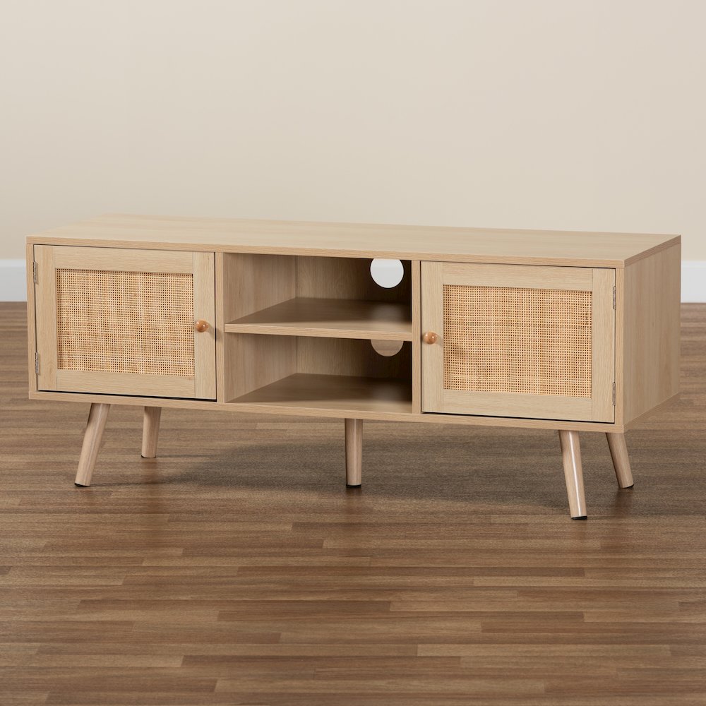 Mid-Century Modern Light Brown Finished Wood 2-Door TV Stand with Natural Rattan. Picture 2