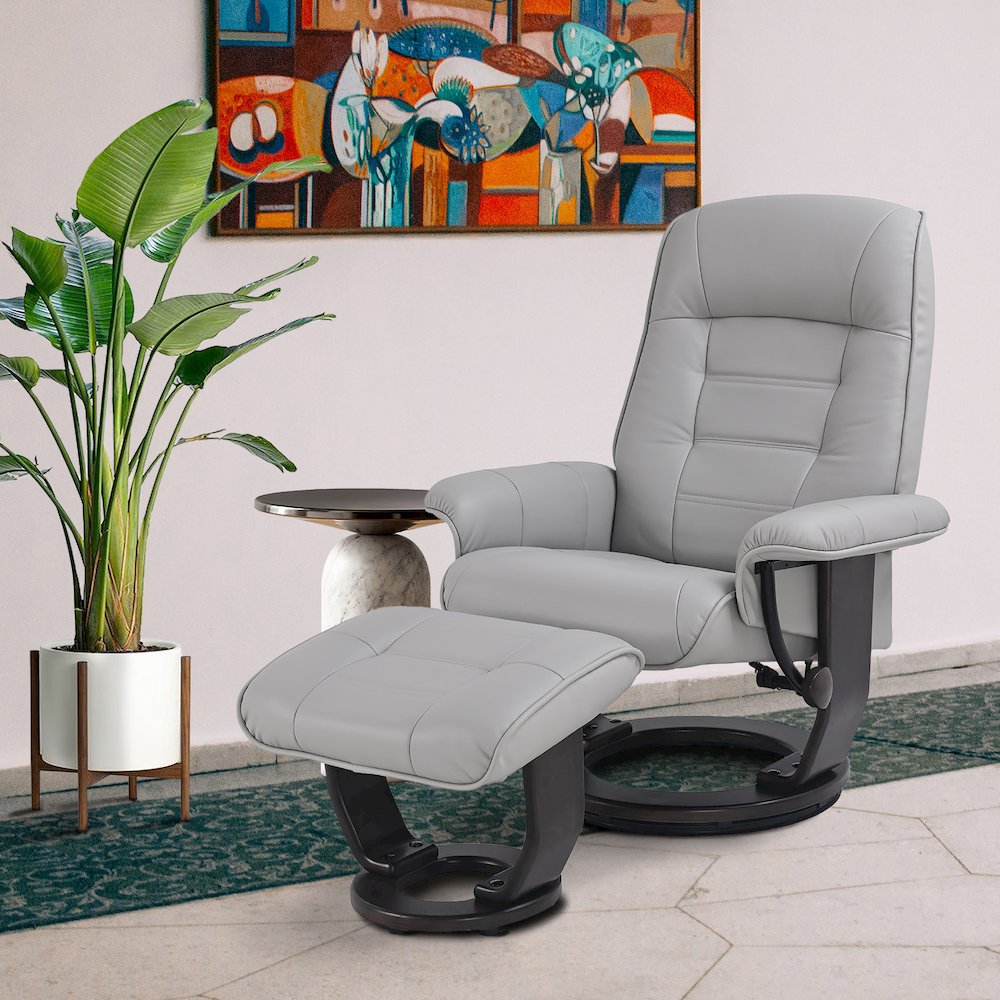 Scandinavian style leather / vinyl match recline chair & matching ottoman. Picture 4