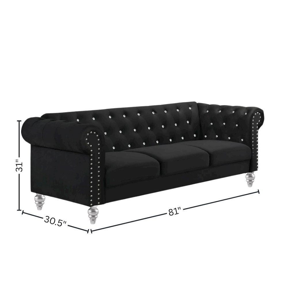Black Velvet Sofa with Rolled Arms – Elegant Velvet Couch for Living Room. Picture 7