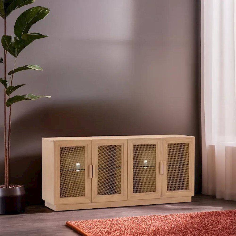 Elegant Blue Media Console Featuring Ash Veneer and Glass Shelving. Picture 4