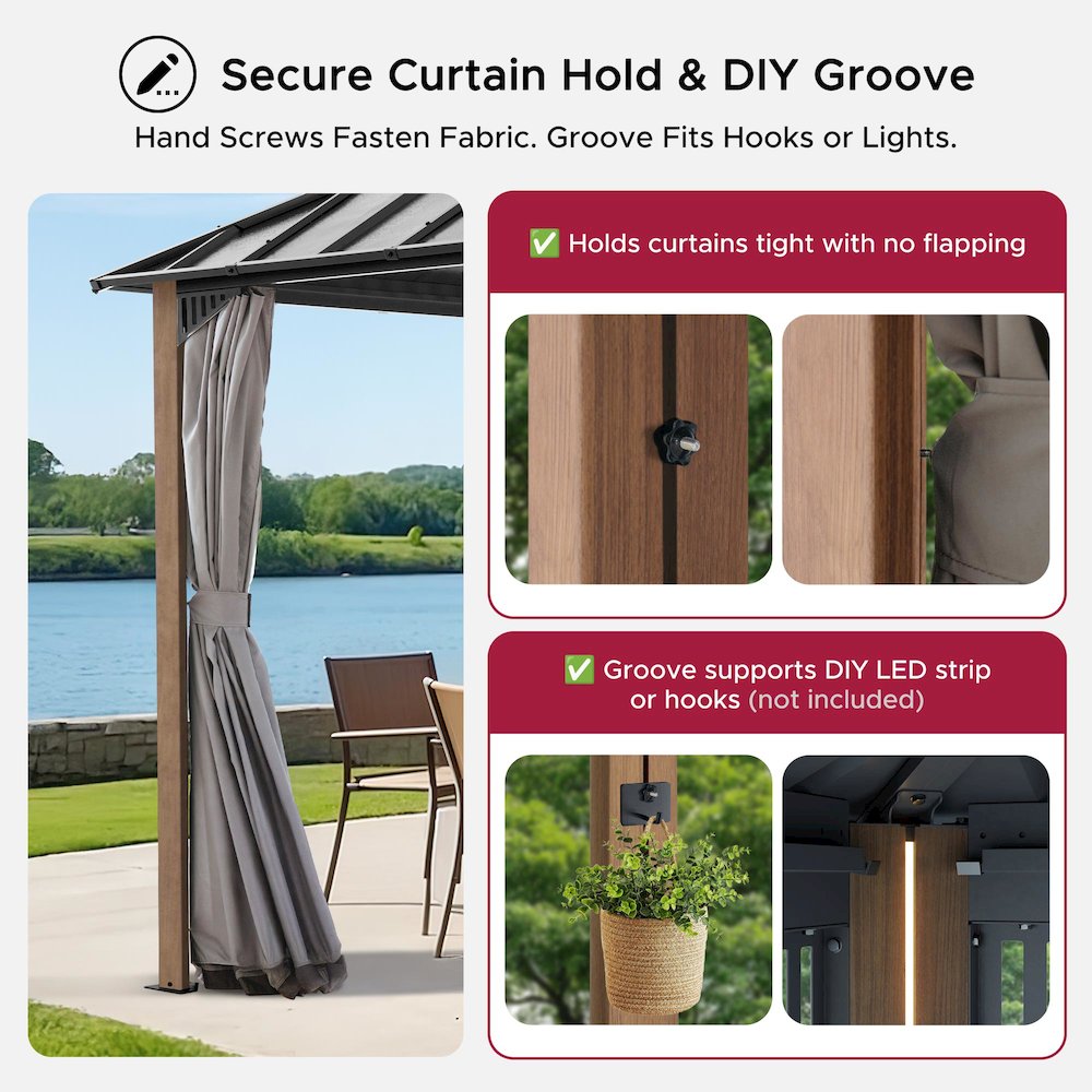 10 ft x 10 ft Hardtop Gazebo with Steel Roof, Woodgrain Aluminum Frame. Picture 5