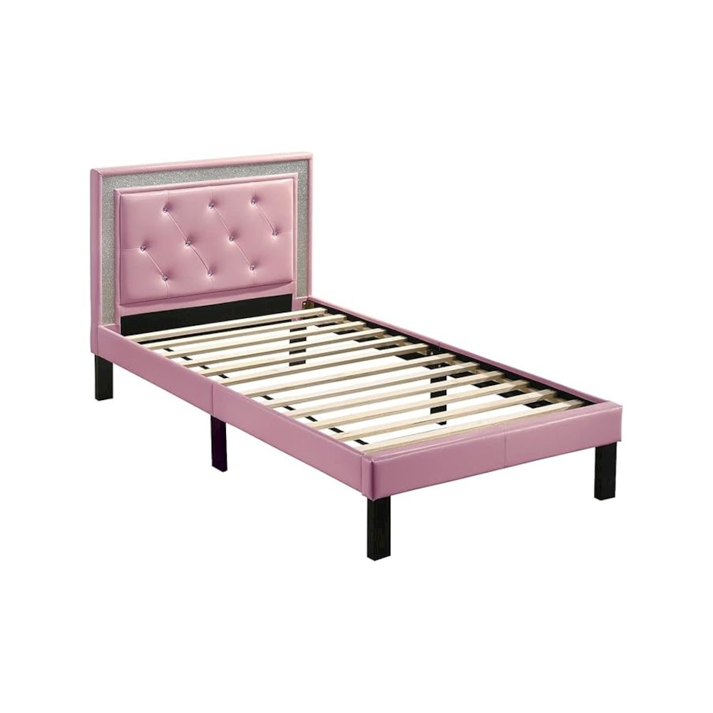 Twin Upholstered Bed Frame with Slats in Pink Faux Leather. Picture 1