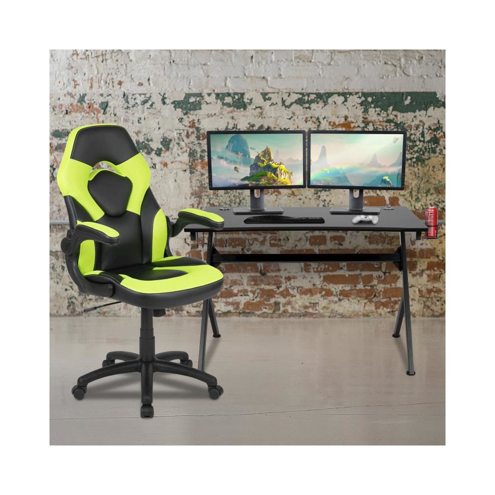 Black Gaming Desk and Green/Black Racing Chair Set with Cup Holder, Headphone Hook & 2 Wire Management Holes. Picture 2