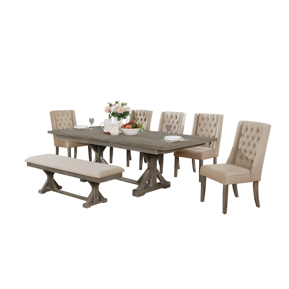 Classic Extension Dining 7 Piece Set w/18"Center Leaf, Bench & 5 Tufted Chairs in Beige Linen. Picture 1