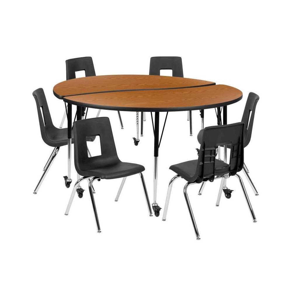 Mobile 60" Circle Wave Flexible Laminate Activity Table Set with 18" Student Stack Chairs, Oak/Black. Picture 1