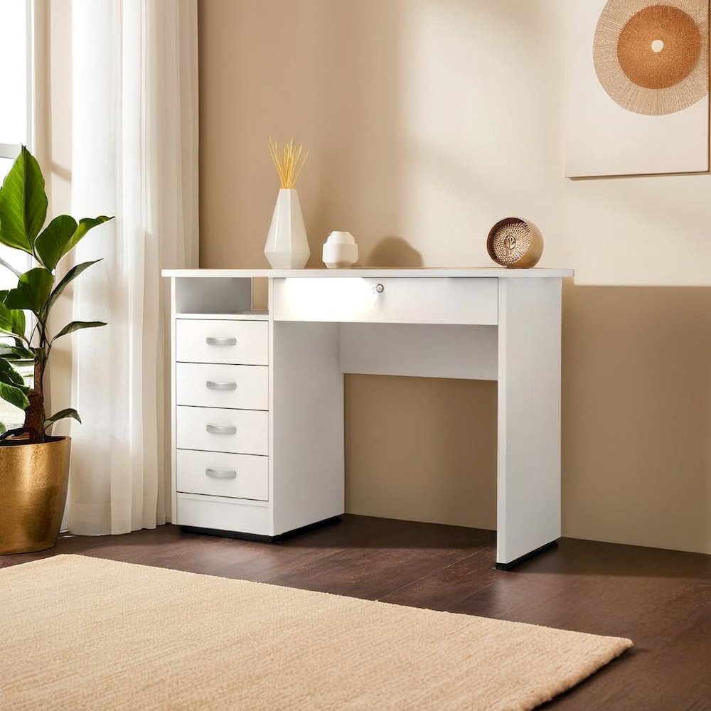 Elegant White Computer Desk Featuring Five Drawers and Open Shelf Design. Picture 5
