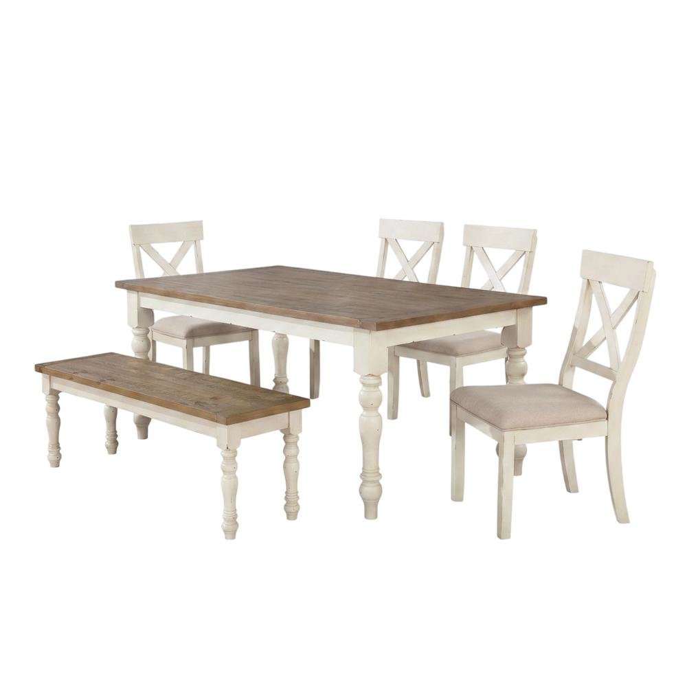 Antique White and Distressed Oak 6-Piece Dining Set with Chairs and Bench. Picture 1