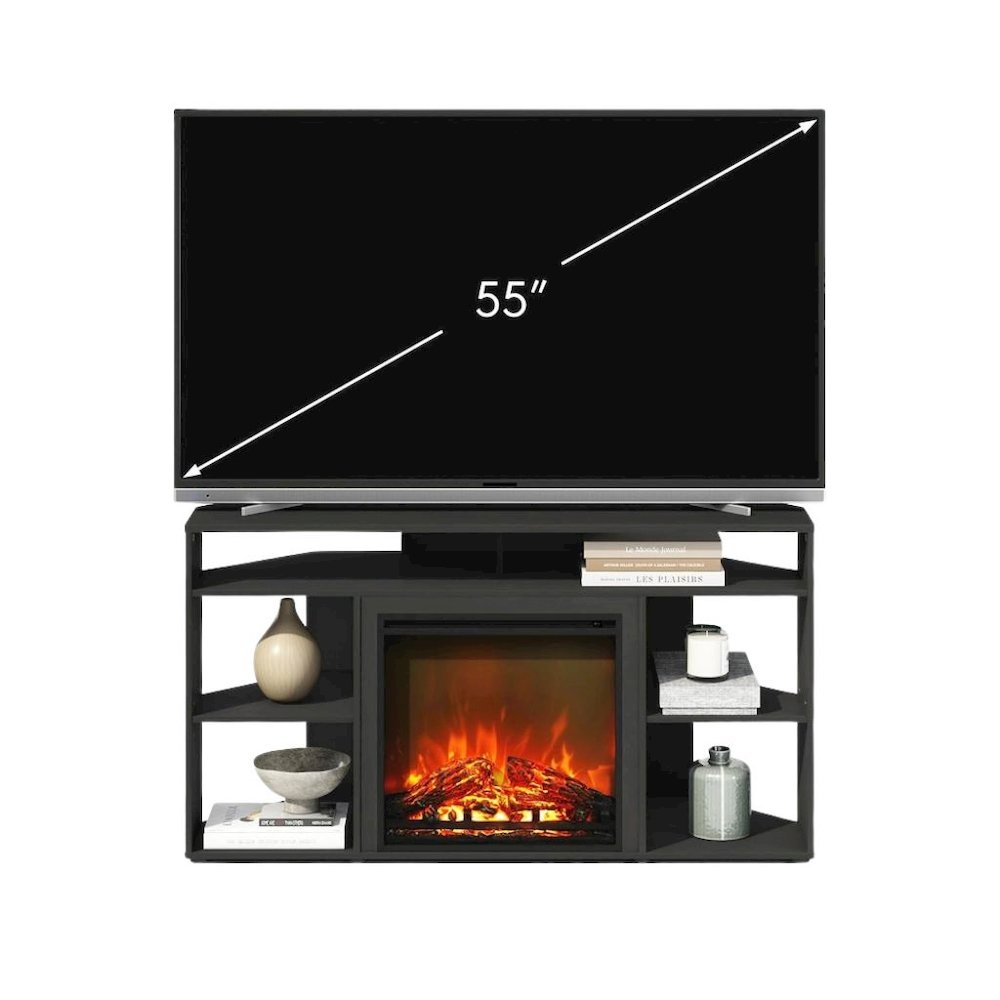 Black 55 Inch Fireplace TV Stand with Five Shelves and Electric Flame Display. Picture 4