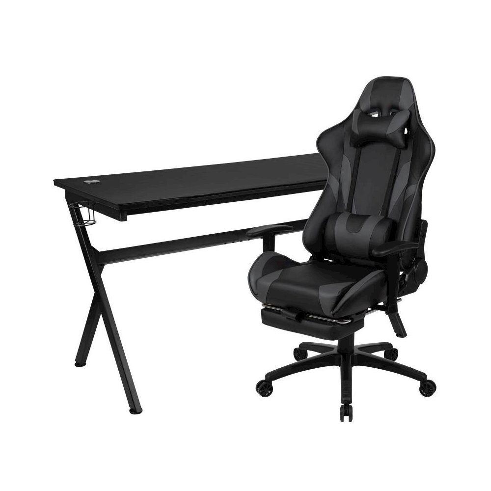 Gaming Desk and Gray Footrest Reclining Gaming Chair Set - Cup Holder/Headphone Hook/Removable Mouse Pad Top/Wire Management. Picture 1