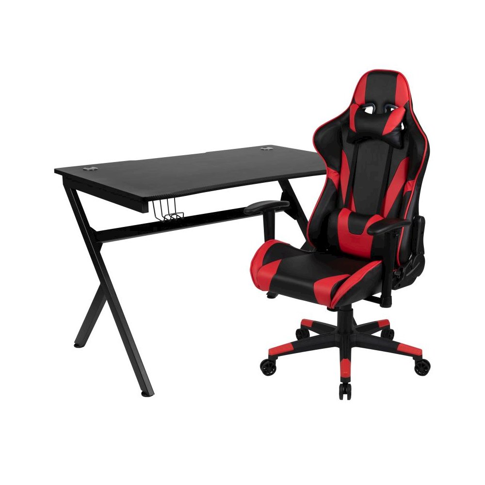 Black Gaming Desk and Red/Black Reclining Gaming Chair Set with Cup Holder, Headphone Hook & 2 Wire Management Holes. Picture 1