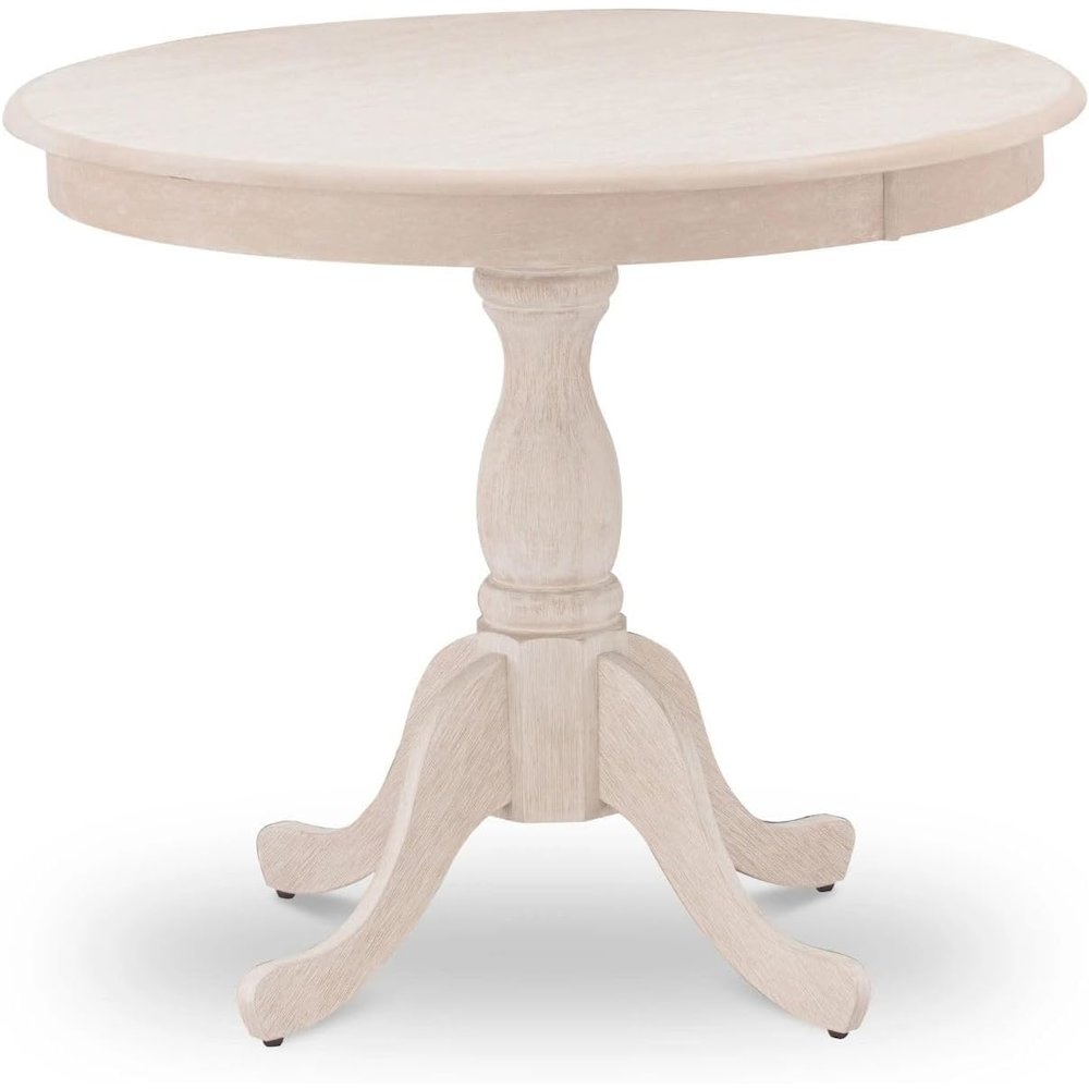 East West Furniture 1-Piece Round Dining Table with Round Wire Brush Butter Cream Table top and Wire Brush Butter Cream Pedestal Leg Finish. Picture 1