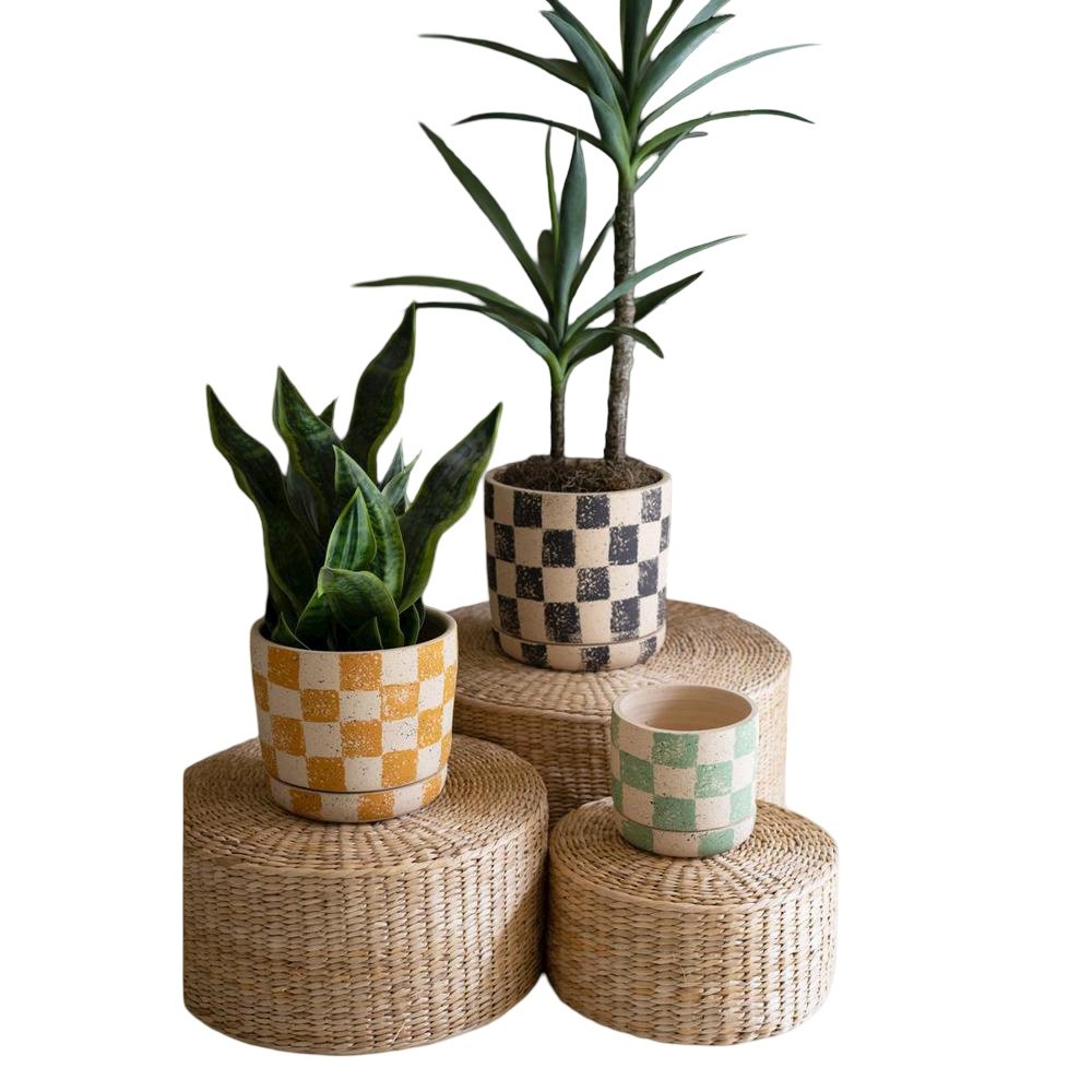 Set Of Three Checkered Clay Planters With Trays. Picture 1