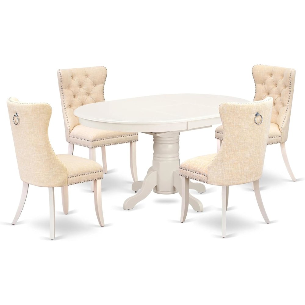 East West Furniture AVDA5-LWH-32 5 Piece Kitchen Set Includes an Oval Dining Table with Butterfly Leaf and 4 Upholstered Chairs, 60x42 Inch, Linen White. Picture 1