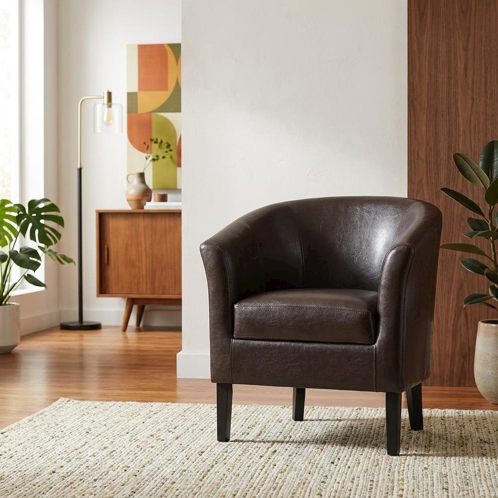 Brown Armchair with Faux Leather Upholstery and Cushioned Seat for Modern Living. Picture 3