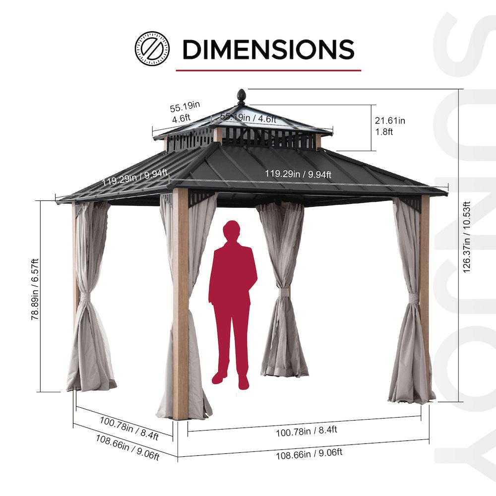 10 ft x 10 ft Hardtop Gazebo, Steel & Polycarbonate Roof - Extra-Tall. Picture 7