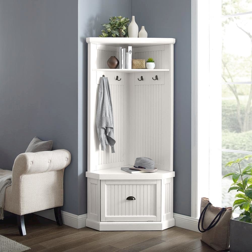 Distressed White Hall Tree with Anti-Tip Hardware and Storage Space. Picture 2