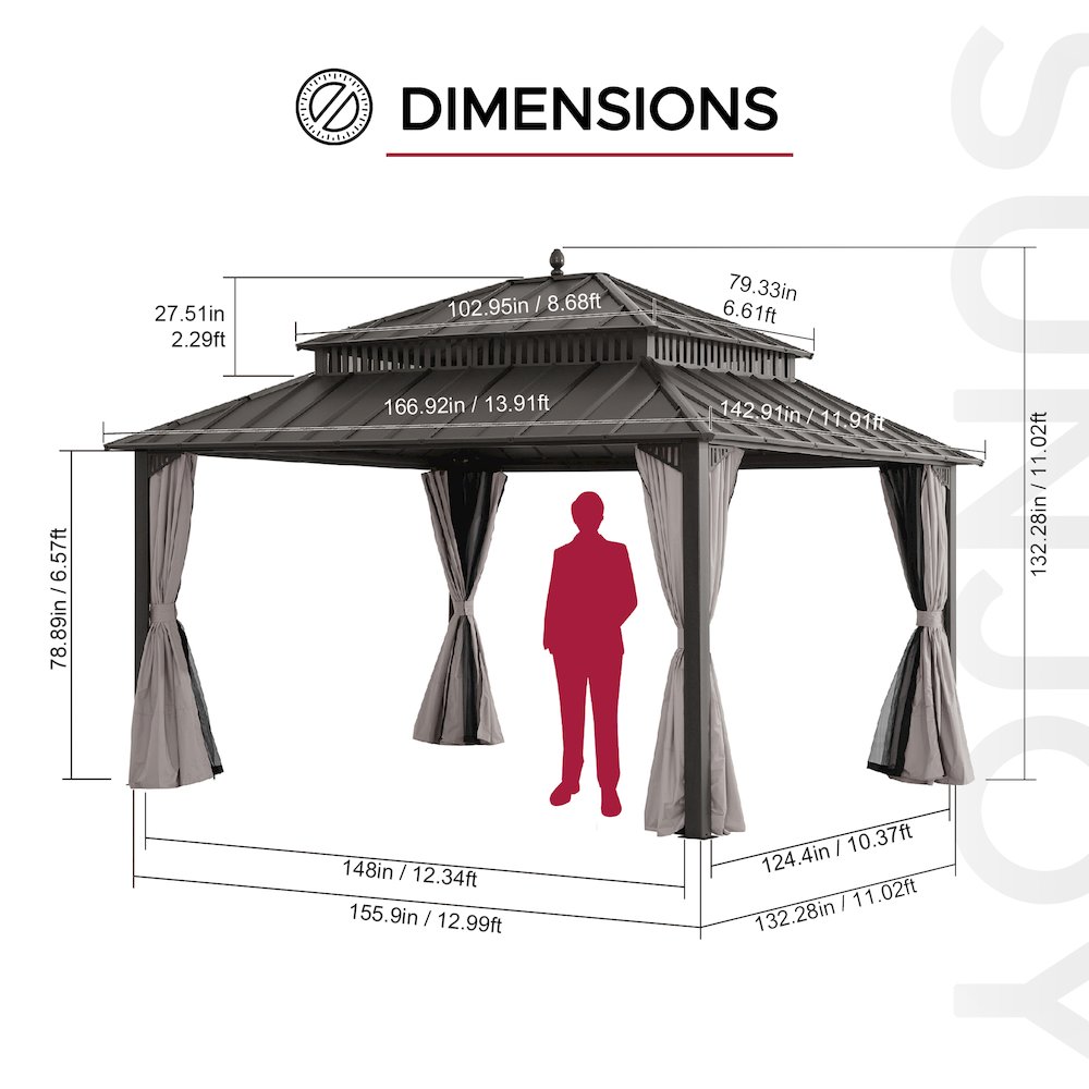 14 ft x 12 ft Aluminum Frame Steel Double Roof Hardtop Rectangular Gazebo, Brown. Picture 7