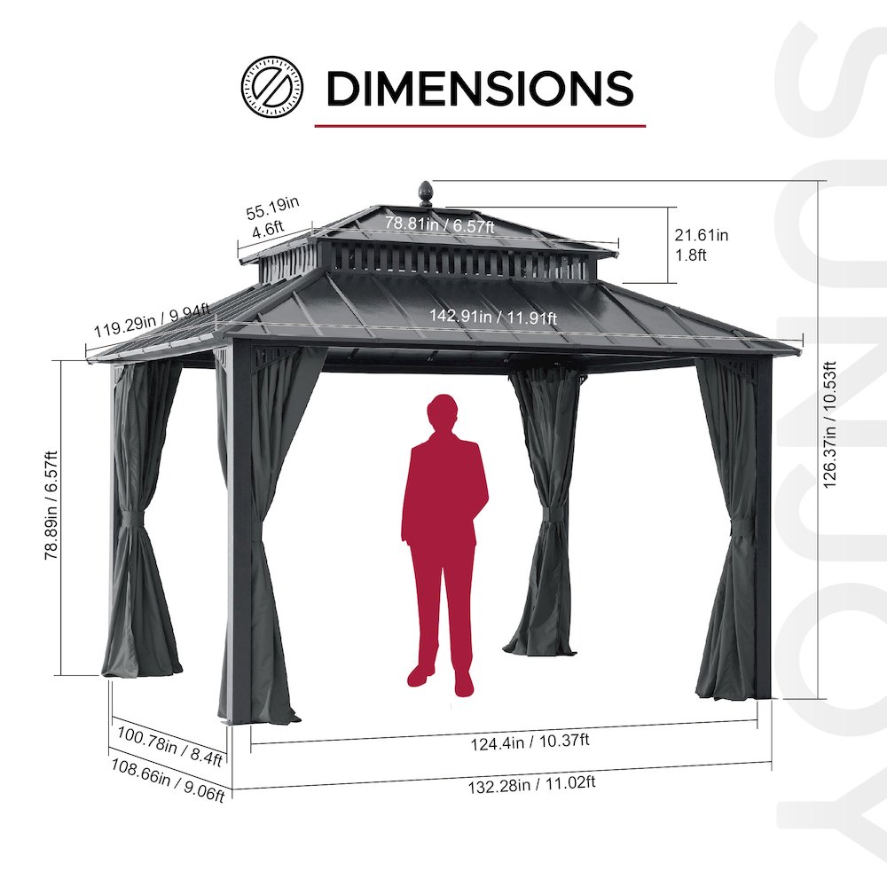 12 ft x 10 ft Hardtop Gazebo with Steel Roof, Grey Aluminum Frame - Extra-Tall. Picture 7