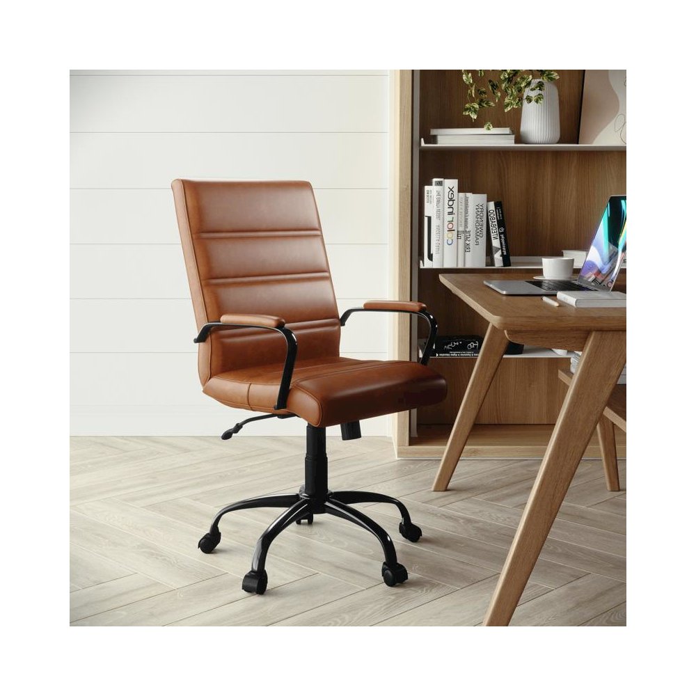Mid-Back Brown LeatherSoft Executive Swivel Office Chair with Black Frame and Arms. Picture 2
