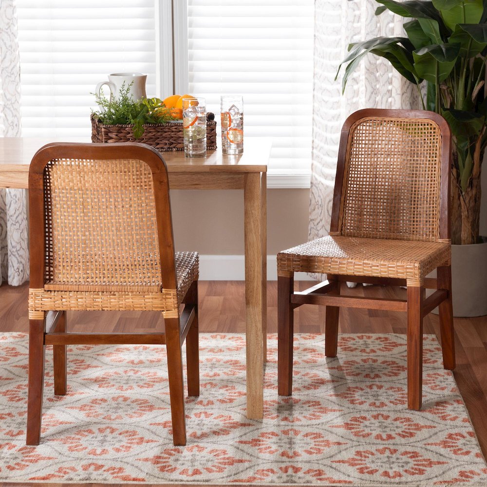 Walnut Brown Mahogany Wood and Natural Rattan 2-Piece Dining Chair Set. Picture 5