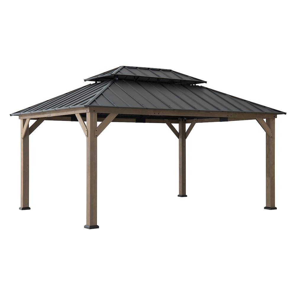 12 ft. x 16 ft. Dark Brown Cedar Frame Gazebo with Double Tier Steel Roof. Picture 1
