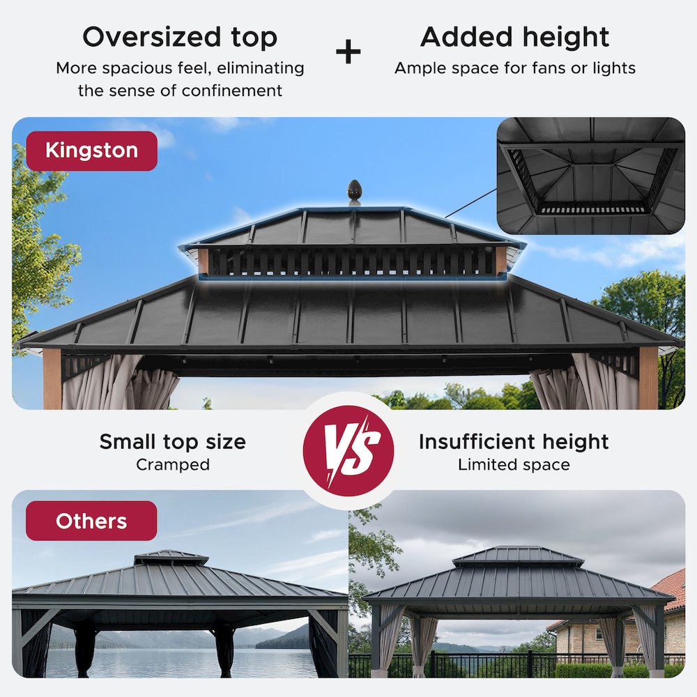 12 ft x 10 ft Hardtop Gazebo with Steel Roof, Woodgrain Aluminum Frame. Picture 5